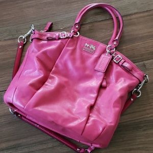 Pink Coach leather satchel with crossbody strap
